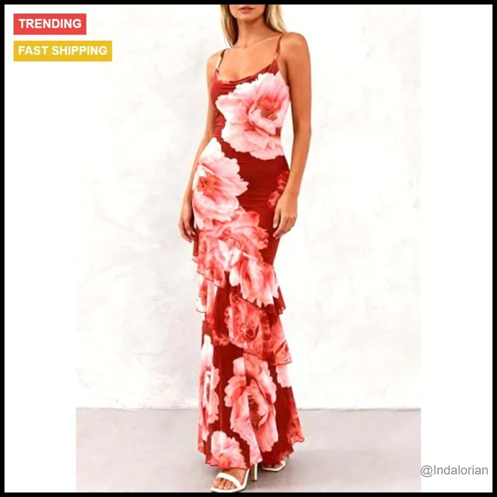 Tiered Floral Maxi Dress Spaghetti Strap Beach Wedding Guest Long Sundress - Picture 5 of 7